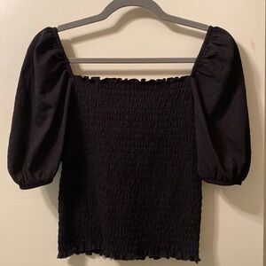 Black Shirred Puff Sleeve Top - M
